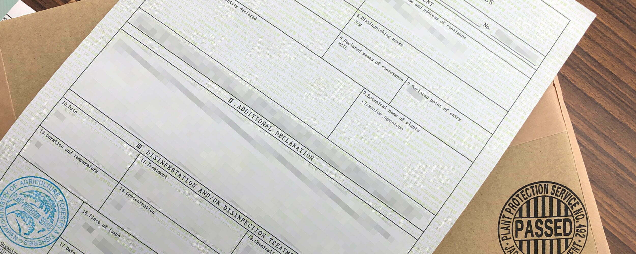 A phytosanitary certificate issued in Japan, stamped "PASSED" by the Plant Protection Service